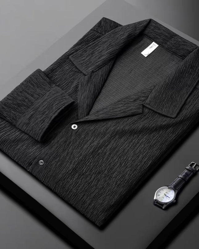 High-grade Cuban Collar Pleated Shirt Men's Long Sleeve