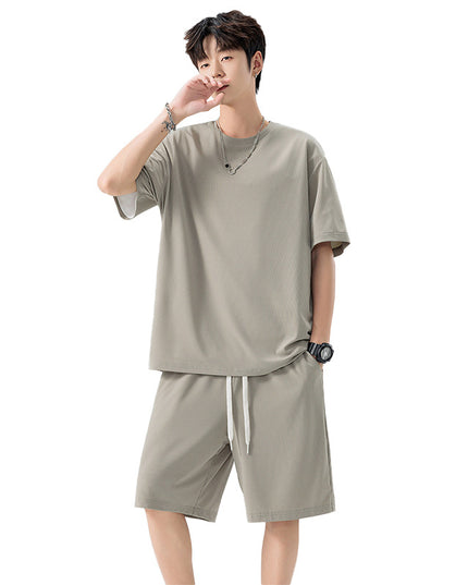 Men's Ice Silk T-shirt Fifth Pants Suit Solid Color