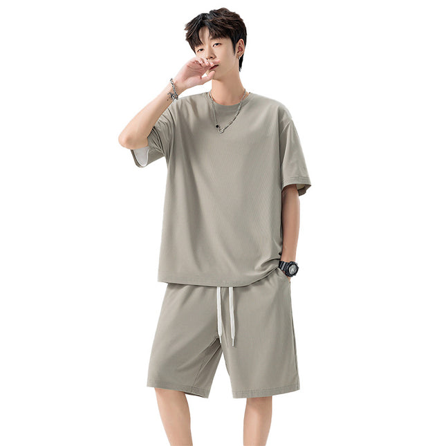 Men's Ice Silk T-shirt Fifth Pants Suit Solid Color