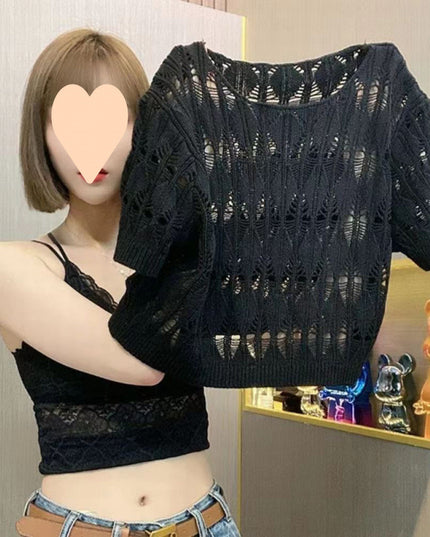 Hollow-out Ice Silk Sweater Short Sun-drying Shirt Top Short Sleeve