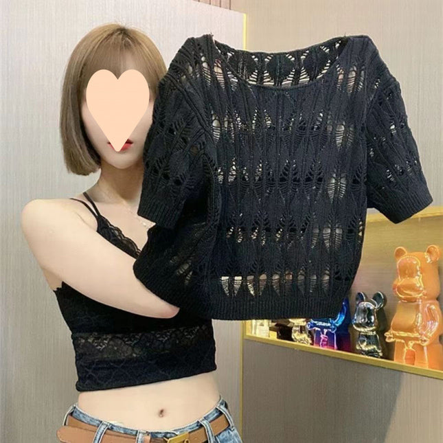 Hollow-out Ice Silk Sweater Short Sun-drying Shirt Top Short Sleeve