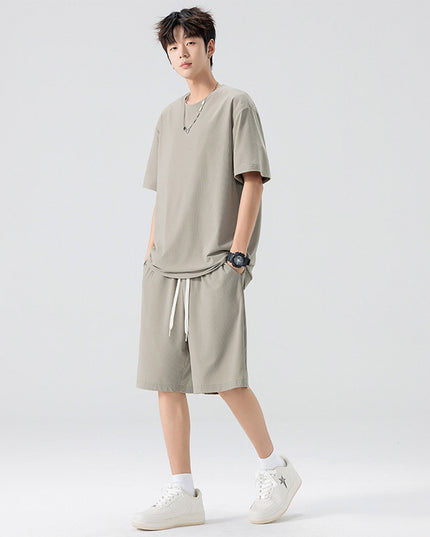Men's Ice Silk T-shirt Fifth Pants Suit Solid Color