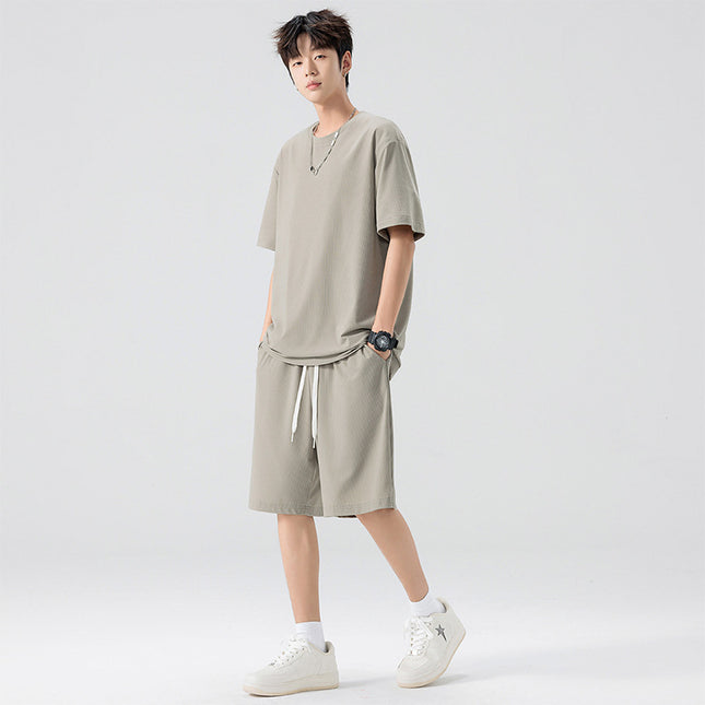 Men's Ice Silk T-shirt Fifth Pants Suit Solid Color