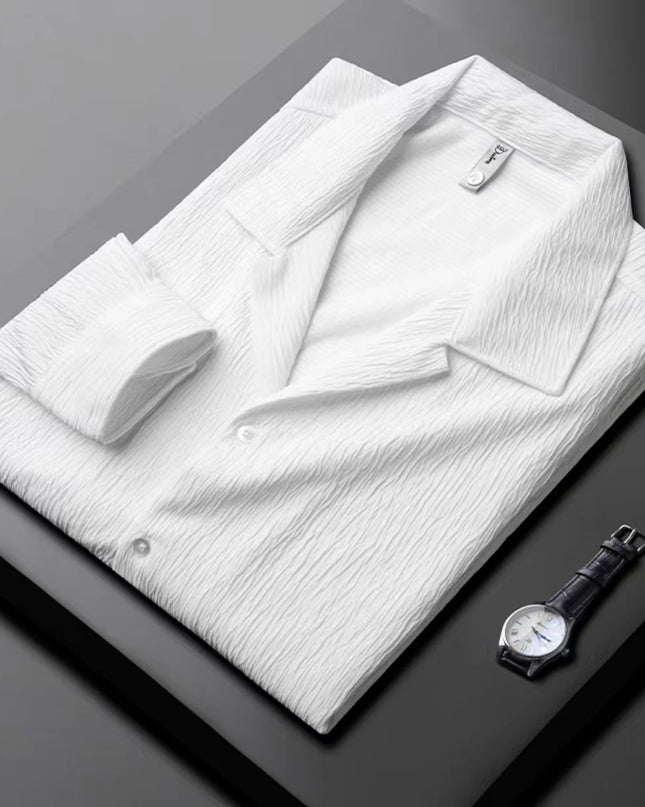 High-grade Cuban Collar Pleated Shirt Men's Long Sleeve