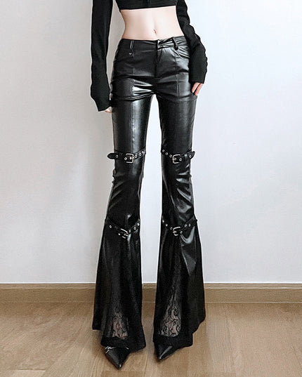 Lace Stitching Leather Bell-bottom Pants
