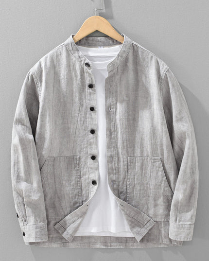Men's Solid Color Ramie Stand Collar Retro Casual Coat Shirt
