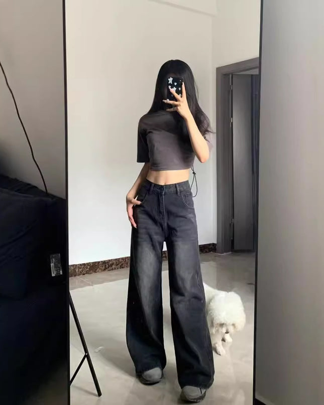 Washed Jeans Plus Size High Waist Loose Straight Wide Leg Pants