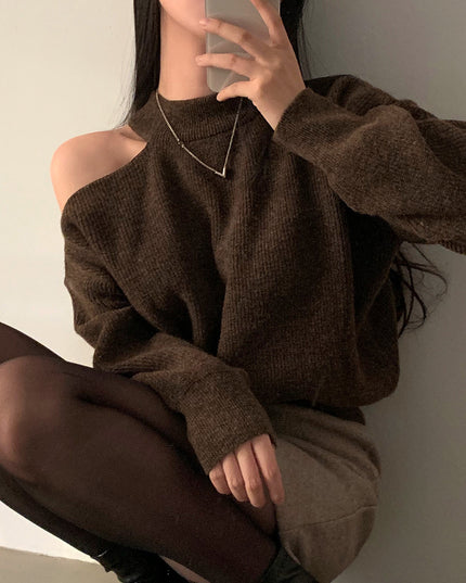Retro Crew Neck Hollow Out Shoulder-baring Loose Sweater