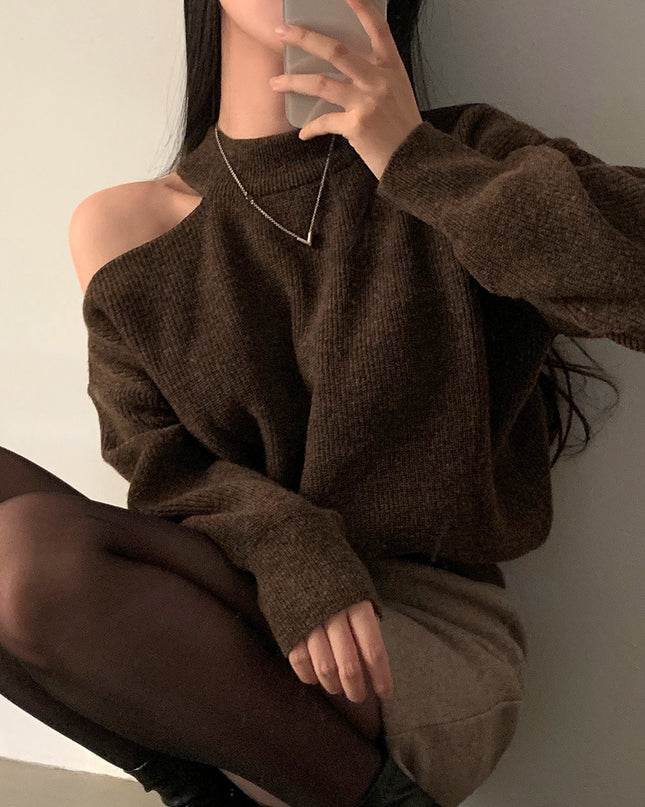 Retro Crew Neck Hollow Out Shoulder-baring Loose Sweater