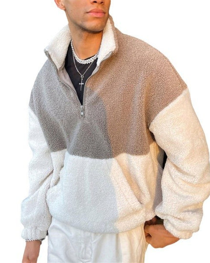 Fall Winter Men Simple Contrast Color Polar Fleece Thermal Sweater