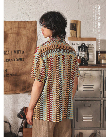 Japanese Style Cuban Collar National Style Hollow Jacquard Color Matching Short Sleeve