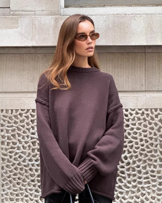 Round Neck Reverse Sweater Solid Color Casual Knitted Top