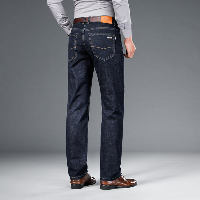 Men’s Loose Straight Business Washed Jeans | Cotton Mid-Waist Straight-Leg