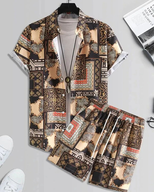 Short Sleeve Men's Summer Loose Foreign Trade Cross-border Casual Hawaiian Floral Beach Shirt Shorts