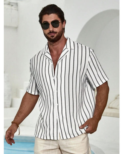 Geometric Contrast Color Striped 3D Digital Printing Short Sleeve Shirt