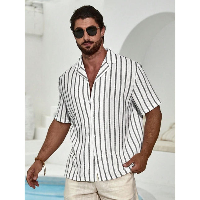 Geometric Contrast Color Striped 3D Digital Printing Short Sleeve Shirt