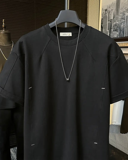 High-end Stitching Rivet Design Round Neck Short Sleeve