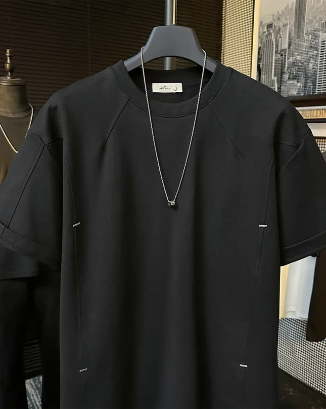 High-end Stitching Rivet Design Round Neck Short Sleeve