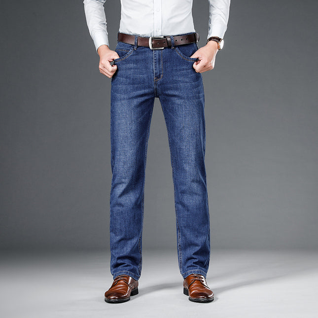 Men’s Loose Straight Business Washed Jeans | Cotton Mid-Waist Straight-Leg
