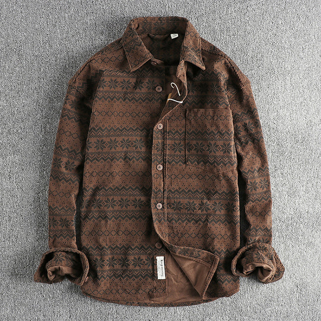 Men's Vintage Totem Printed Washed Corduroy Long-sleeved Shirt