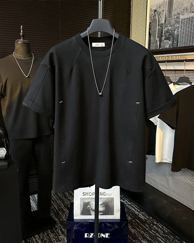 High-end Stitching Rivet Design Round Neck Short Sleeve