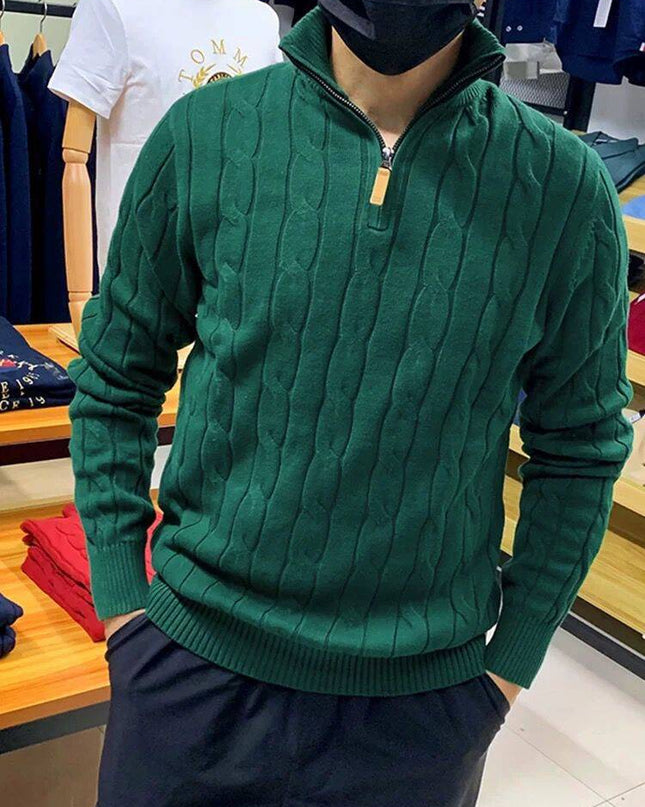 Long Sleeve Pullover Half Zipper Twisted Casual Solid Color Men's Sweater