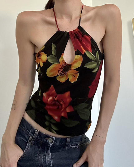 Personalized Stylish Print Slim Fit Halter Spaghetti Straps Vest Backless Hollow-out Top