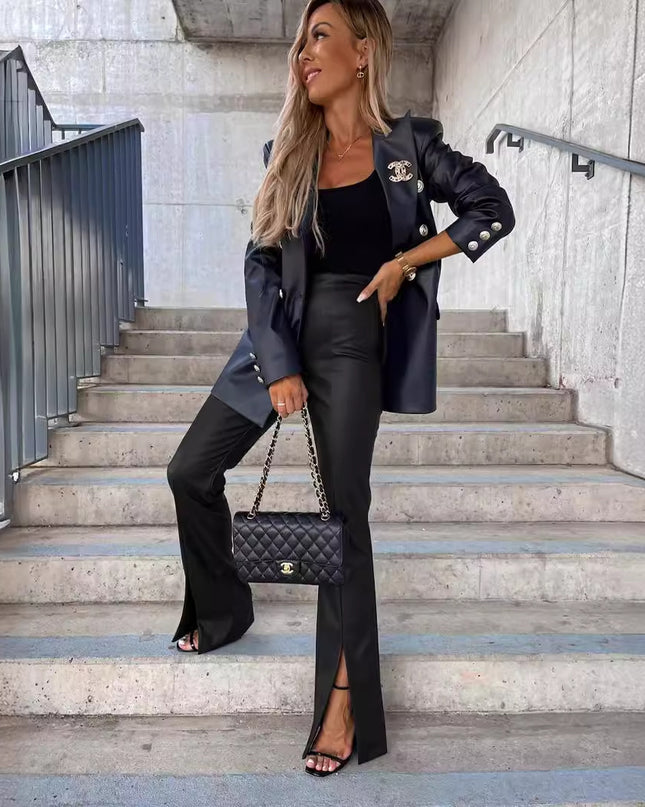 Fashionable Elegant Slim Fit Casual Slit Leather Pants Women
