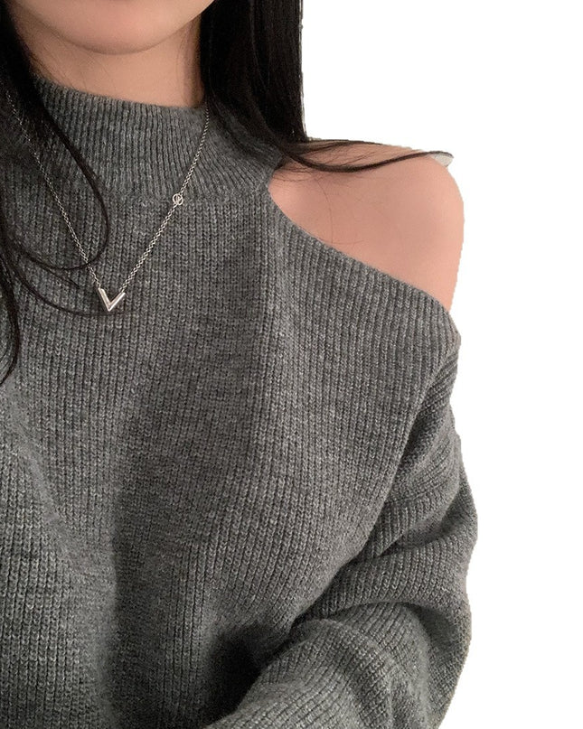 Retro Crew Neck Hollow Out Shoulder-baring Loose Sweater
