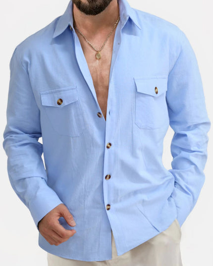 Casual Loose V-neck Solid Color Top Button Chest Pocket Shirt