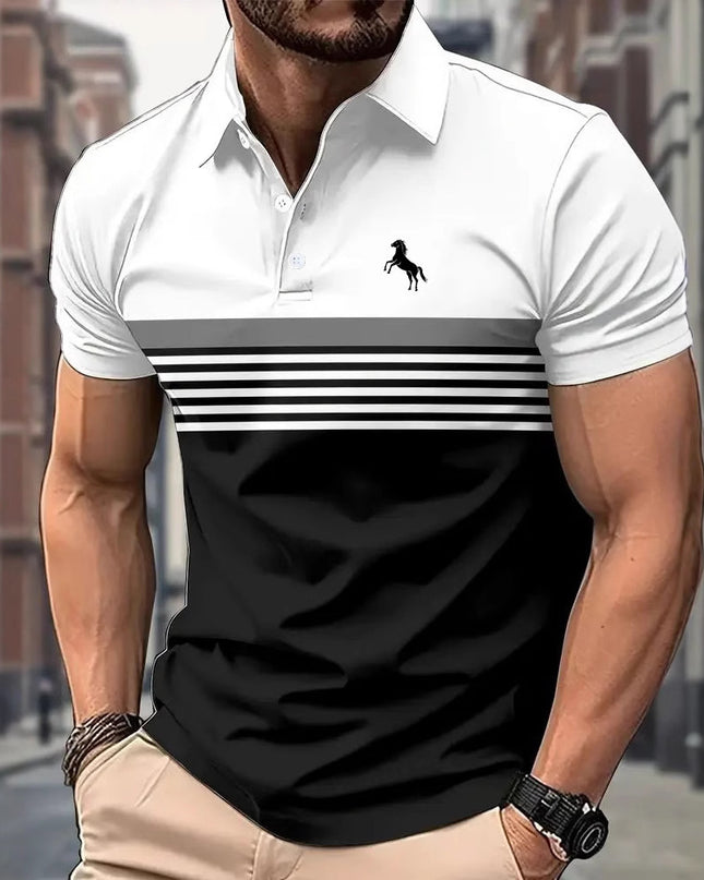 Men's Casual Striped Color Block Design Sports Style Collar Golf Shirt