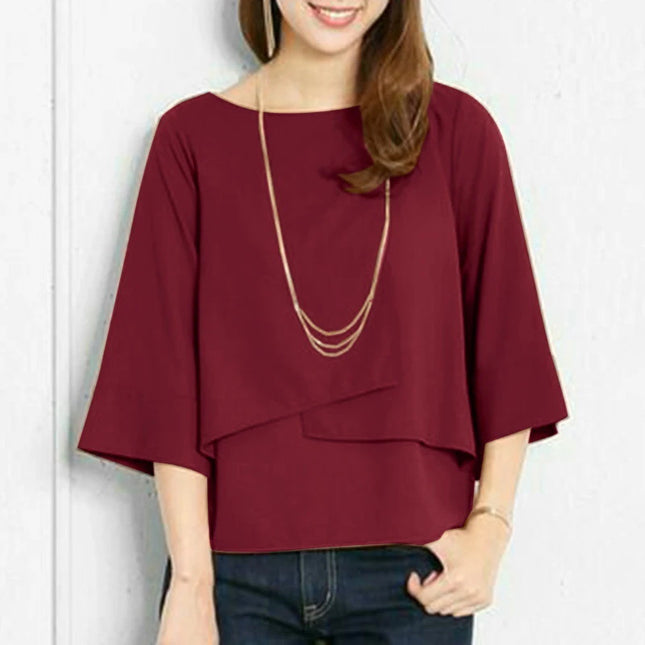 Summer Double-layer Top Casual Round Neck Simple Solid Color Shirt
