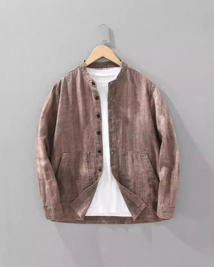 Men's Solid Color Ramie Stand Collar Retro Casual Coat Shirt