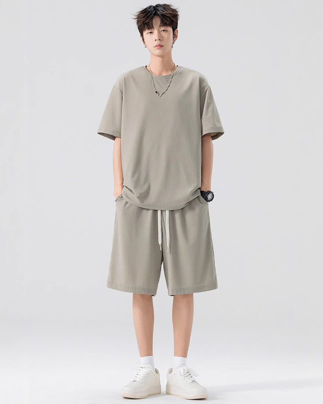 Men's Ice Silk T-shirt Fifth Pants Suit Solid Color