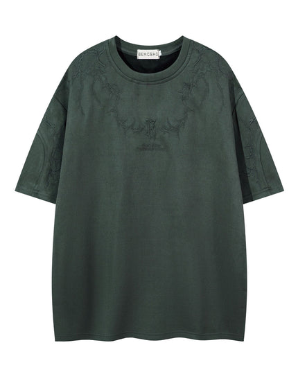 Summer Suede T-shirt Thorn Embroidery Short Sleeve