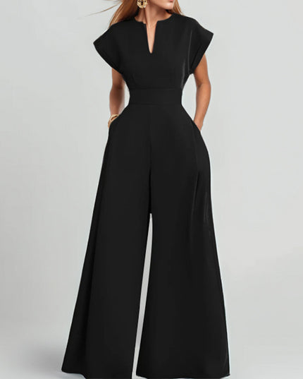 Women's Elegant Solid Color And V-neck Sleeveless Waist Wide-leg Jumpsuit