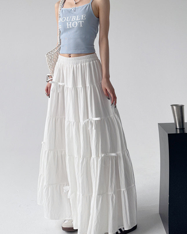 High Waist Retro Loose Bow Temperament Mid-length A- Line Skirt