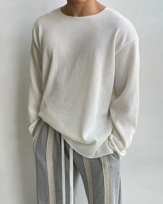 Round Neck Loose Casual White Sweater Long Sleeve Men's T-shirt