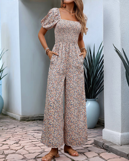 Square Collar Puff Sleeve Vacation Style Floral Jumpsuit
