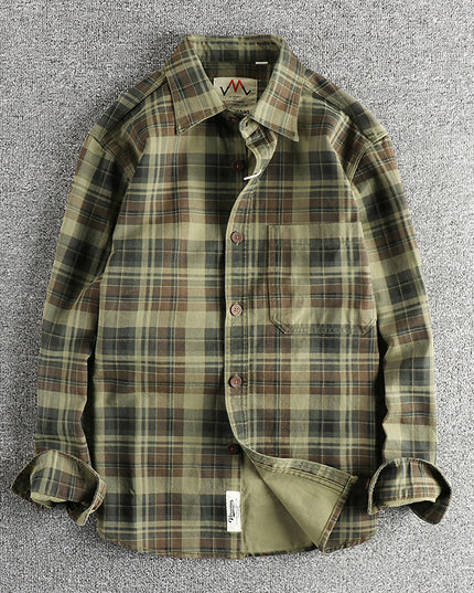 Thick Texture Washed Fashionable Plaid Long-sleeved Shirt For Men
