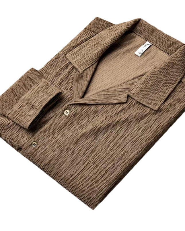 High-grade Cuban Collar Pleated Shirt Men's Long Sleeve