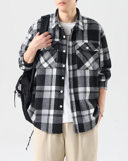 Brushed Plaid Long Sleeve Shirt Men