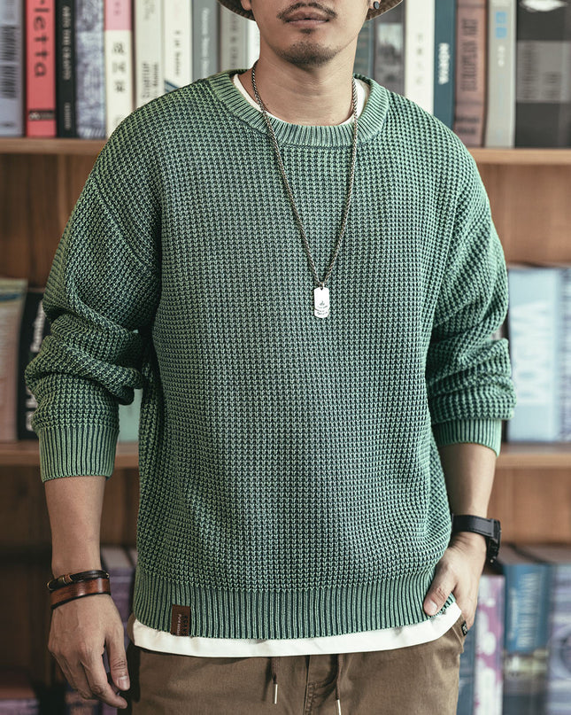 Pineapple Pattern Waffle Thick Needle Washed Round Neck Sweater