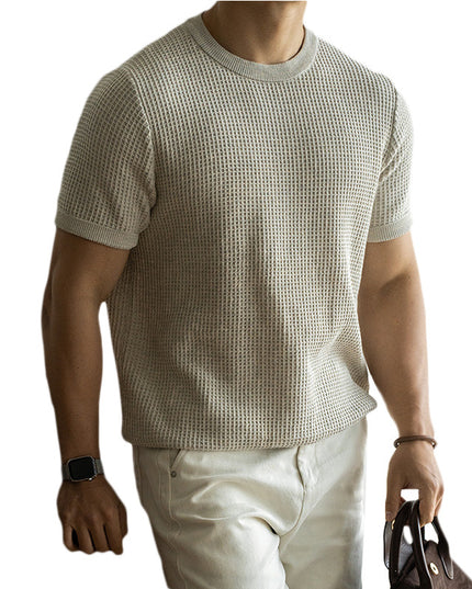 American Retro Waffle Drape Round Neck Short Sleeve T-shirt