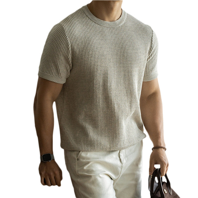 American Retro Waffle Drape Round Neck Short Sleeve T-shirt
