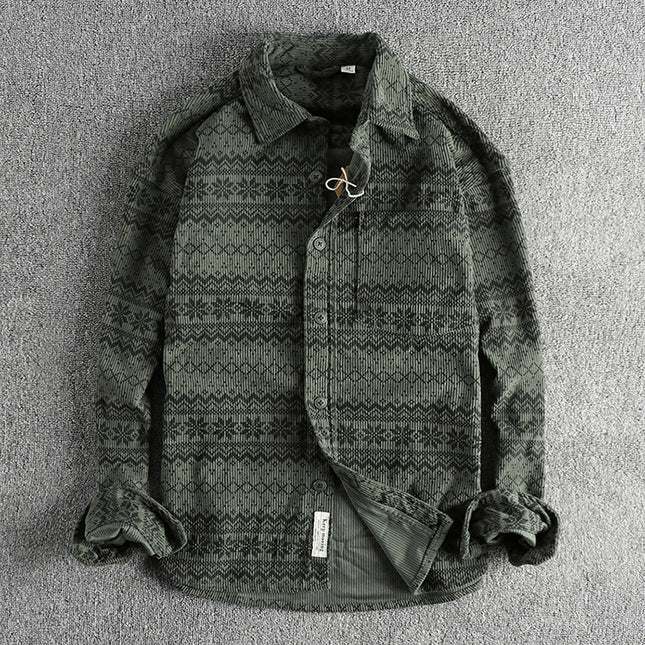 Men's Vintage Totem Printed Washed Corduroy Long-sleeved Shirt