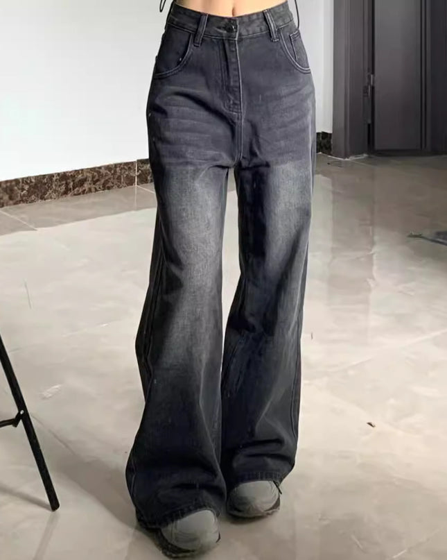 Washed Jeans Plus Size High Waist Loose Straight Wide Leg Pants
