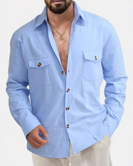 Casual Loose V-neck Solid Color Top Button Chest Pocket Shirt