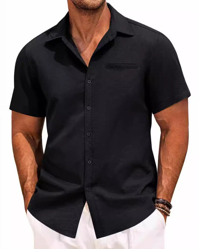 Polo Collar Solid Color Short Sleeve Button Shirt