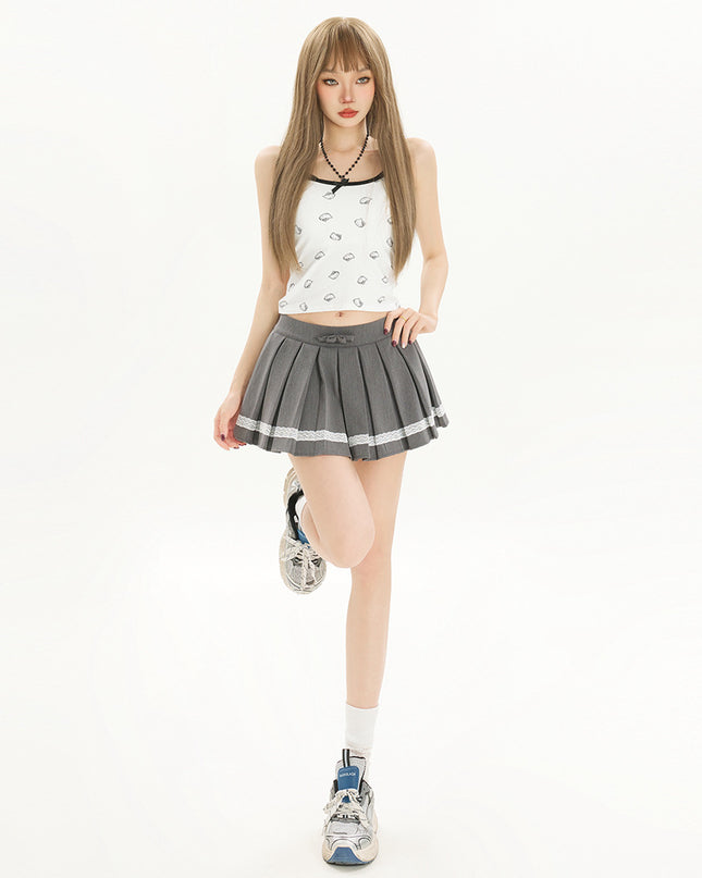 Sweet All-matching Bow Lace Stitching Half-length Pleated Skirt